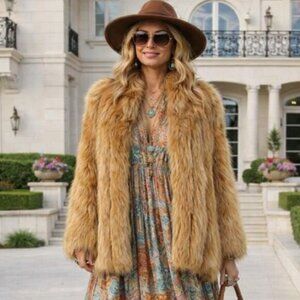 Dyed Fox Fur Waist Jacket – Golden Brown Luxe Glam Coat Size Sm/Med